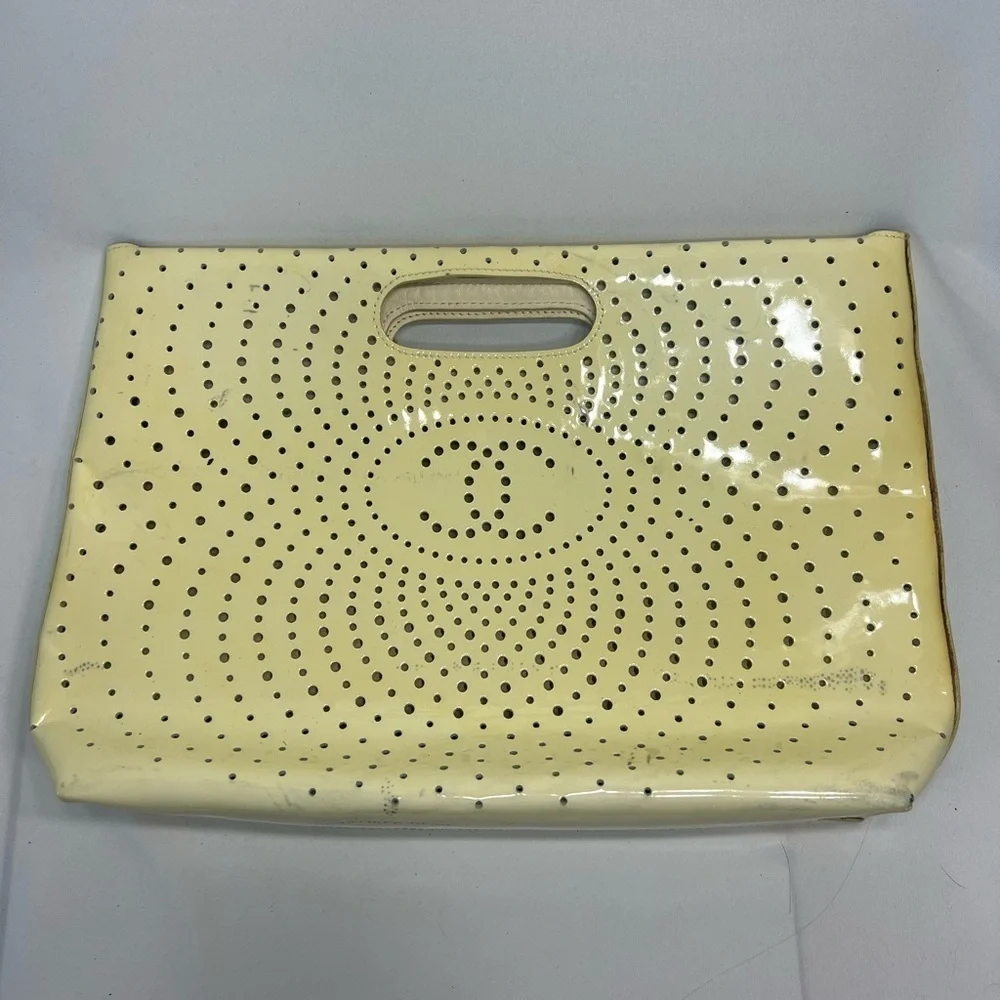 Vintage Chanel Yellow Patent Leather Clutch Perforated CC Logo 03 Karl Lagerfeld